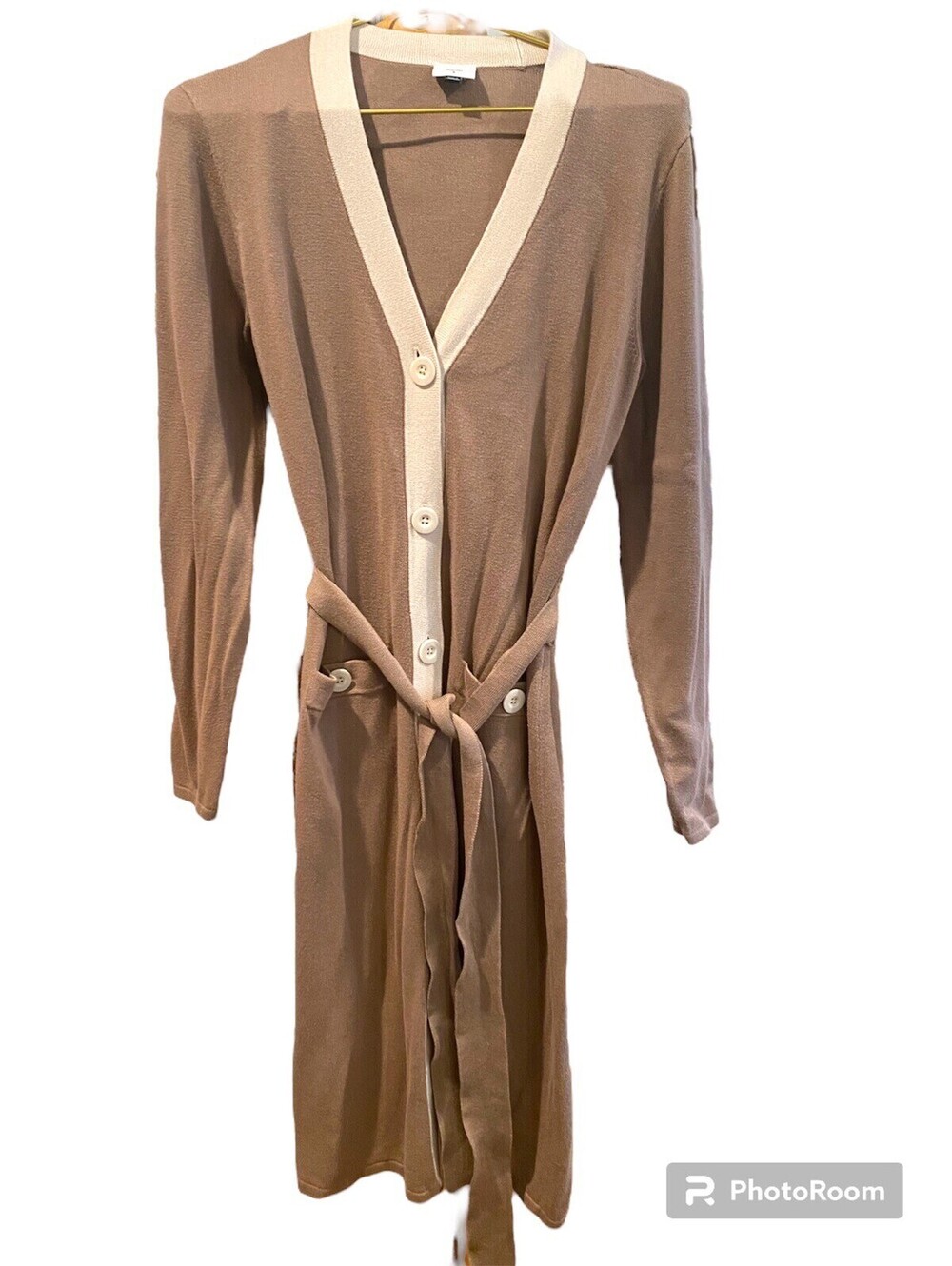 Cabi Long Beige Cardigan Small Sweater Dress Tan Ivory Neutral Taupe Genteel